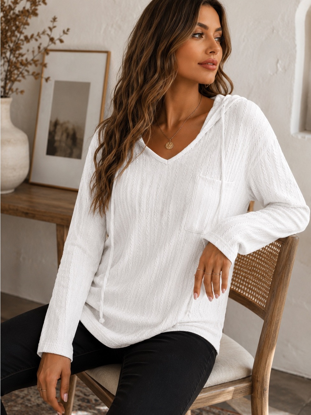 White Lightweight Hooded Knit Top L Casual Cozy Pullover